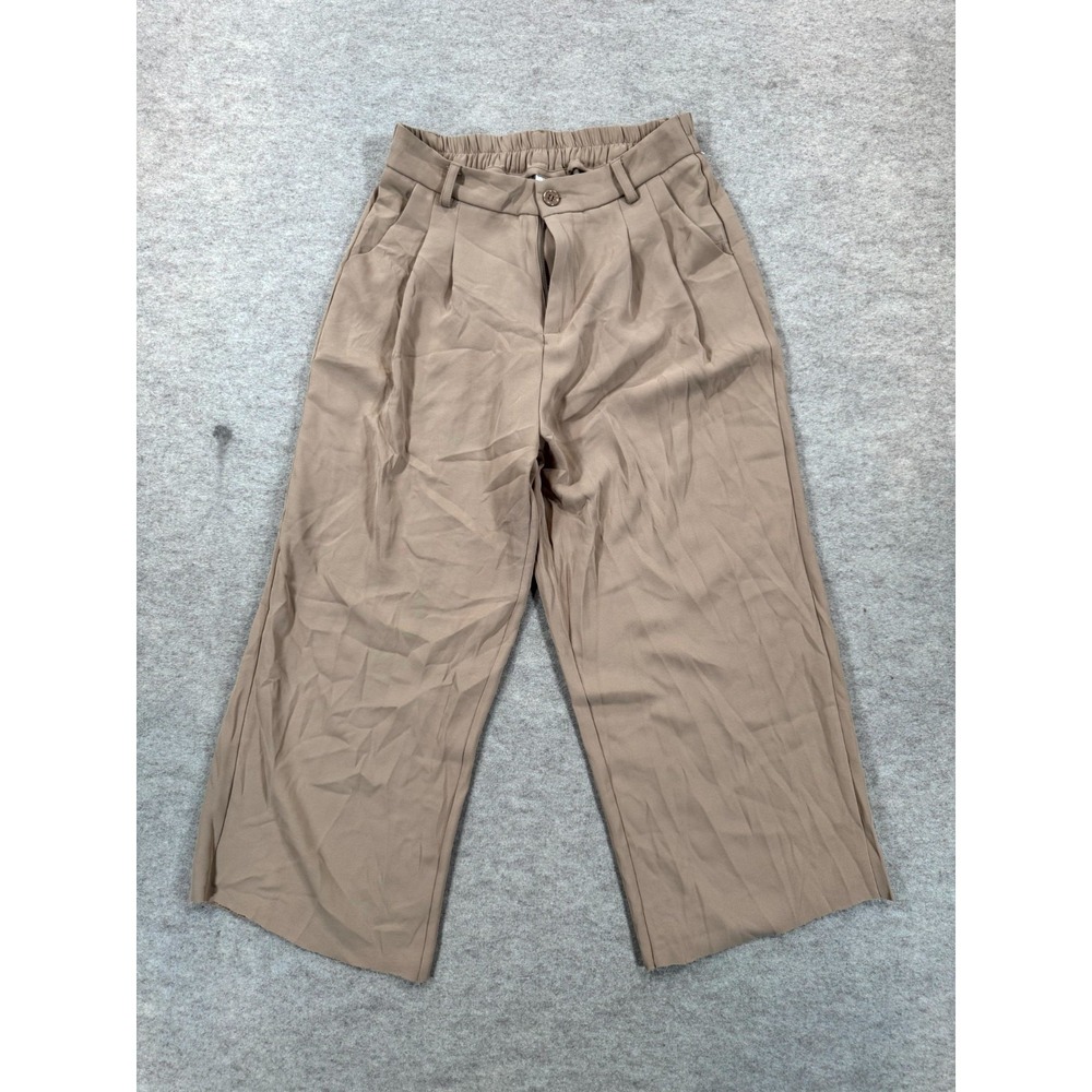 Womens Pleated Wide Leg Crop Trouser Pants Medium Tan Stretch High Rise Raw Hem